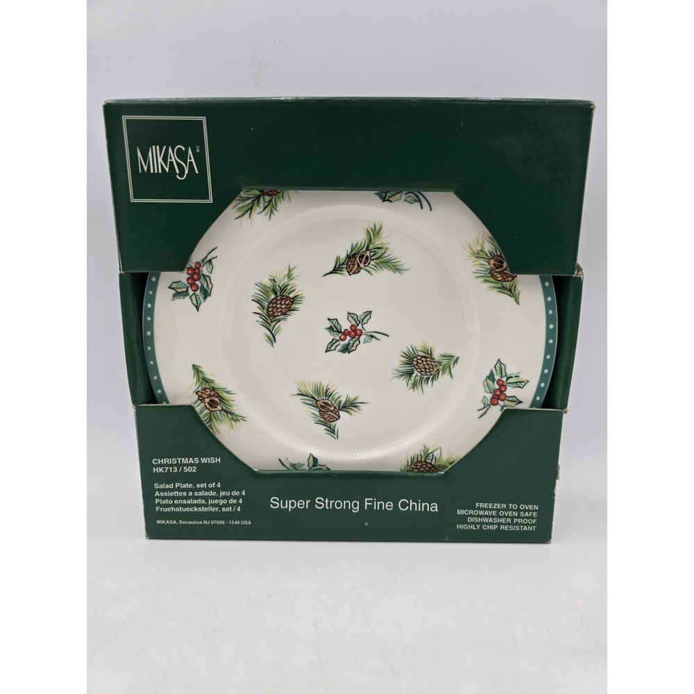 (4) Mikasa Christmas Wish salad Plates HK713 Super Strong Fine‎ China holly pine